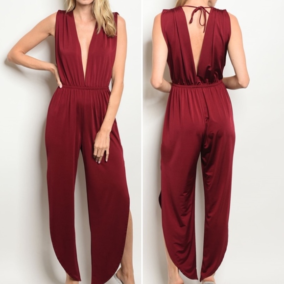 TREND SETTER DIVA BOUTIQUE ITEM Pants - RED WINE JUMPSUIT WITH A DEEP PLUNGE & TIE BACK